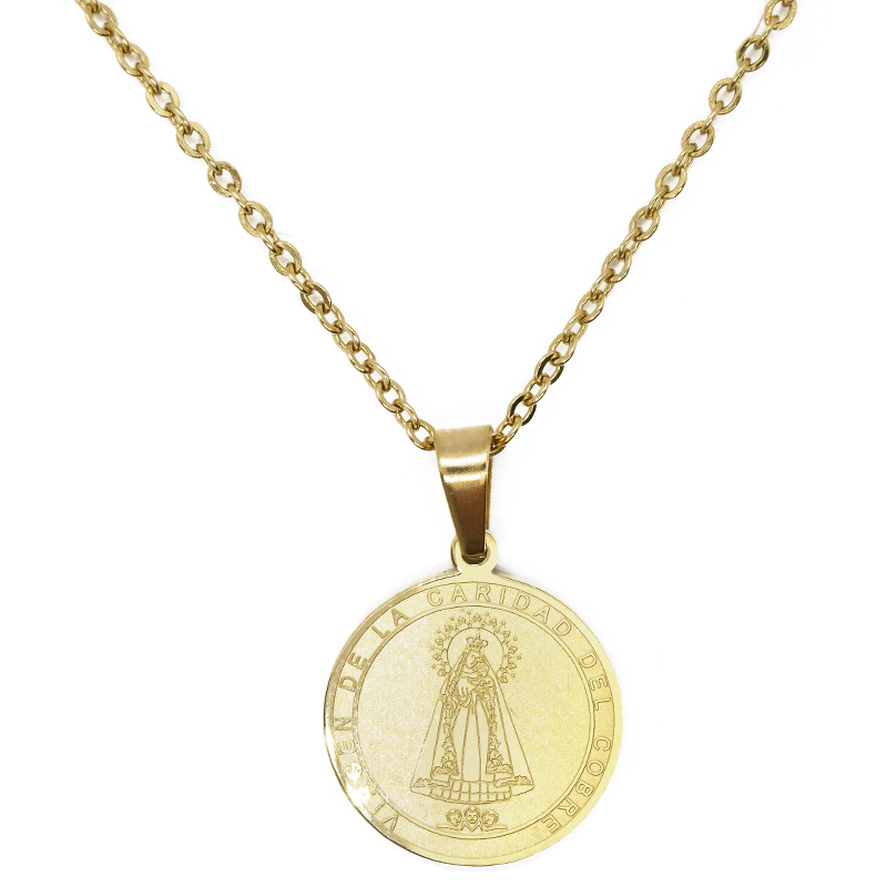 Stainless Steel Round Medal with Chain - Virgen La Caridad Del Cobre